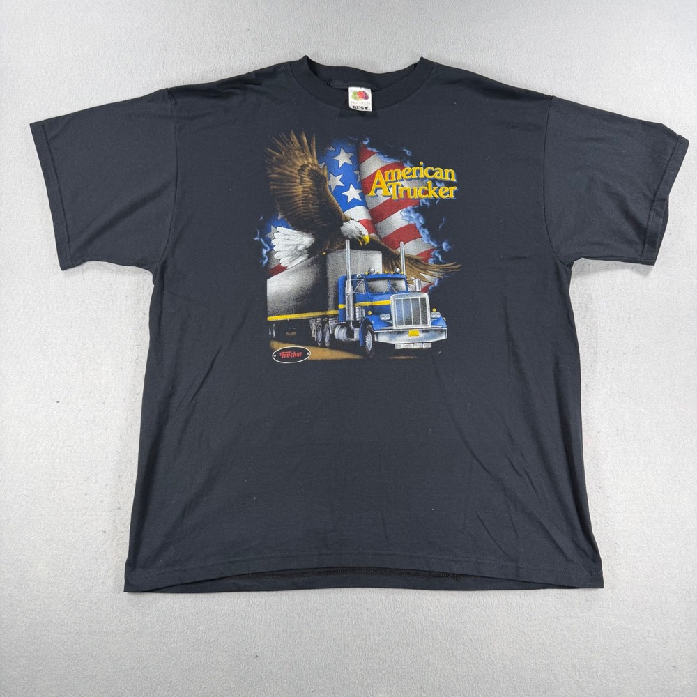 Vintage Fruit of the Loom American Trucker T-Shirt XL Black Eagle Flag